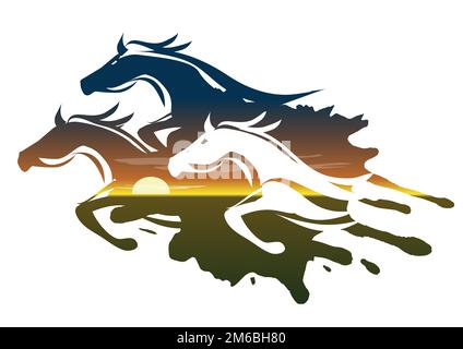 Trois chevaux de course, paysage de coucher de soleil. Silhouettes de chevaux tournant sur le fond du soleil couchant. Isolé sur fond blanc. Illustration de Vecteur