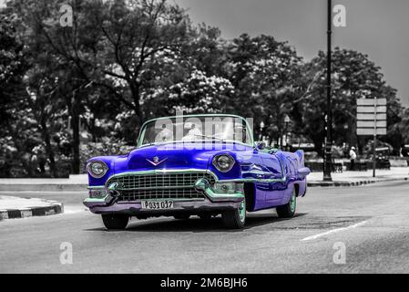 Voiture classique bleue Cabriolet a été conduite sur le Malecon à la Havane Cuba Banque D'Images