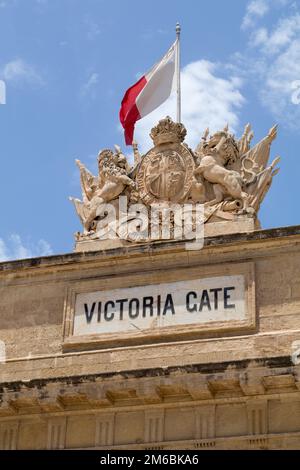 Gros plan des sculptures sur la porte Victoria, la Valette, Malte Banque D'Images