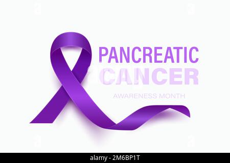 Bannière, carte, écriteau pour cancer du pancréas avec ruban violet réaliste Vector 3D sur fond blanc. Gros plan sur le symbole du mois de sensibilisation au cancer du pancréas Illustration de Vecteur