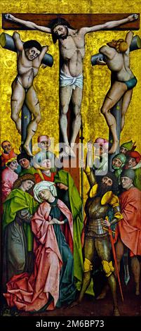 La peinture de la Crucifixion c1460 par le Maître de Salzbourg Style gothique tardif Tempera autrichienne sur panneau La Crucifixion (c. 1460), une exceptionnelle peinture sur panneau de chef-d'œuvre médiéval autrichien tardif créée par le maître anonyme connu sous le nom de Maître de Salzbourg (Maître de Salzbourg). Exécutée en tempera avec un brillant gaufrage en feuille d'or, cette œuvre dramatique met en valeur les visages caractéristiquement émotifs et les lourdes armures de plaques du style alpin de la mi-15e siècle. Le panneau original est conservé et exposé au Kunstmuseum Basel à Bâle Banque D'Images