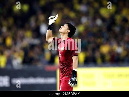 Kuala Lumpur, Malaisie. 03rd janvier 2023. Ahmad Syihan Hazmi Mohamad, de Malaisie, réagit lors du match de la coupe Mitsubishi Electric AFF 2022 entre la Malaisie et Singapour au stade national Bukit Jalil. La note finale; Malaisie 4: Singapour 1 (photo de Wong Fok Loy/SOPA Images/Sipa USA) crédit: SIPA USA/Alay Live News Banque D'Images