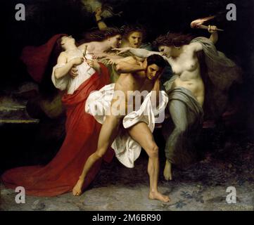 Les remparts d’Oreste (les remparts poursuivis par les Furies ou le remord d’Oreste) peint par le peintre français du XIXe siècle William-Adolphe Bouguereau en 1862. Il dépeint une histoire de la mythologie grecque dans laquelle Orestes tue sa mère Clytemnestra (elle est showen avec le poignard dans son coeur) et a été poursuivi par les Furies comme punition pour ce crime de sang. Banque D'Images