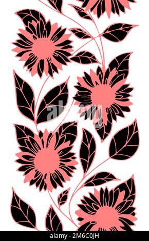 bordure sans couture de grandes fleurs noir-rose sur fond clair, texture florale, bordure, design Banque D'Images