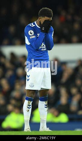 Liverpool, Angleterre, le 3rd janvier 2023. Demari Gray d'Everton a été abattu lors du match de la Premier League à Goodison Park, à Liverpool. Crédit photo devrait lire: Gary Oakley / Sportimage Banque D'Images