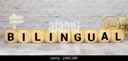 Bilingue. Manuels scolaires, papeterie et timbre en bois sur la table Banque D'Images