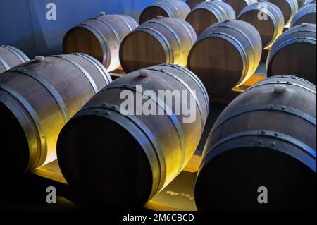 Marcher dans de longues grottes profondes avec des barils en bois, faire du champagne mousseux à partir de chardonnay et pinor noir raisins à Epernay, Champag Banque D'Images