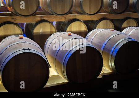 Marcher dans de longues grottes profondes avec des barils en bois, faire du champagne mousseux à partir de chardonnay et pinor noir raisins à Epernay, Champag Banque D'Images