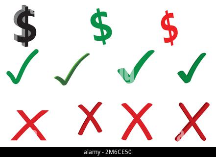 vecteur de dollar signe en vert rouge et noir également signe de coche vert et rouge x signe Illustration de Vecteur