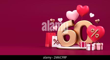 Saint-Valentin offre bannière avec 60 pour cent de réduction, espace de copie, coeurs, cadeaux et ballons dans le rendu 3D Banque D'Images