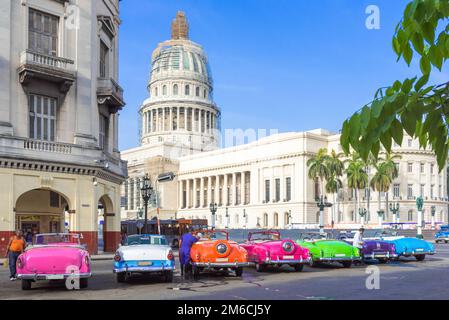 Voitures américaines vintage colorées garées avant le Capitole à la Havane Banque D'Images