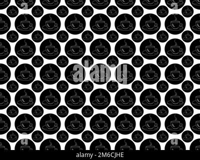 Sur fond blanc, cercles noirs avec silhouettes de tasses à café blanches, motif sans couture Banque D'Images