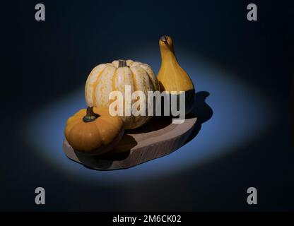 Trois citrouilles décoratives de formes différentes. Sur un support en bois, sur fond bleu foncé Banque D'Images