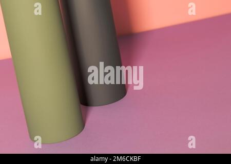 Composition abstraite - cylindres verts et gris sur fond pêche-violet Banque D'Images