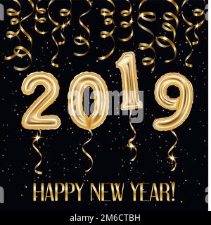 Les ballons d'or et de banderoles et bonne année 2019 Banque D'Images