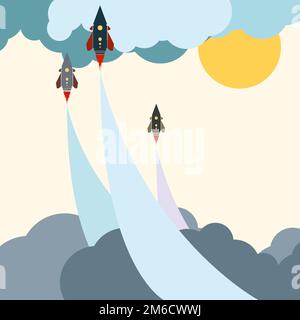 Cartoon art couleur jet rocket dans les nuages ciel Banque D'Images