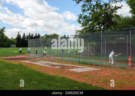 Un joueur de cricket pratiquant son swing dans une cage de batting à Riley Park, Calgary Alberta Canada Banque D'Images