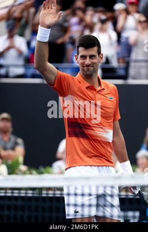 Adélaïde, le 3 janvier 2023. Novak Djokovic de Serbie célèbre la victoire lors du match de tennis international d'Adélaïde entre Novak Djokovic de Serbie et constant Lestienne de France à Memorial Drive sur 03 janvier 2023 à Adélaïde, en Australie. Crédit : Peter Mundy/Speed Media/Alay Live News Banque D'Images