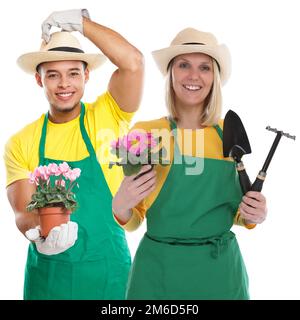 Jardinier gardner équipe fleur jardinage outils de jardin travail isolé sur blanc Banque D'Images