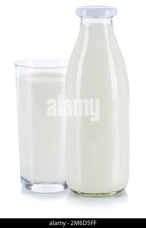 Verre de lait frais et bouteille isolés Banque D'Images