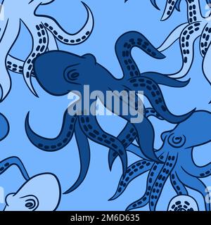 Motif sans couture dessiné à la main avec un octopus bleu océan espèce animal. Marine marine marine marine marine marine marine marine marine marine marine marine marine marine tissu aquatique imprimé, fruits de mer graphique dessin animé fond Banque D'Images