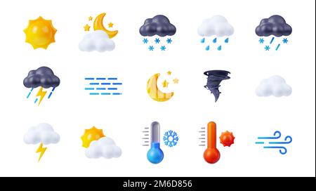 3D icônes de prévisions météo sur fond blanc. Illustration du soleil, de la lune, des nuages blancs noirs avec pluie, neige, foudre, brouillard, vent, symboles de tornade, thermomètres indiquant la température de l'air chaud et froid Banque D'Images