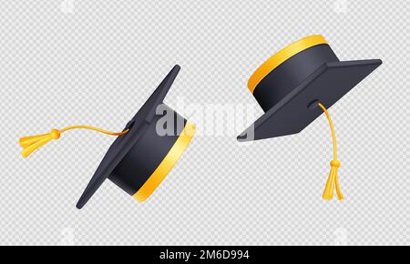 Jeter les capuchons de graduation dans l'air. Chapeau académique noir volant avec pampille de corde jaune isolé sur fond transparent, illustration vectorielle 3D, vue d'angle Illustration de Vecteur