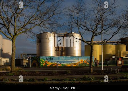 Saint Nazaire, France. 25th décembre 2022. Vue de l'usine de traitement des graines de tournesol de Cargill dans le port de Saint-Nazaire (Loire-Atlantique) malgré les annonces optimistes du gouvernement français, qui prévoit une croissance de 1% en 2023, l'activité économique devrait ralentir dans les mois à venir, selon les économistes. A Saint-Nazaire (Loire-Atlantique), les sociétés Airbus et Chantiers de l'Atlantique disposent d'un carnet de commandes suffisamment grand pour éviter une éventuelle récession. (Photo de Laurent Coust/SOPA Images/Sipa USA) crédit: SIPA USA/Alay Live News Banque D'Images