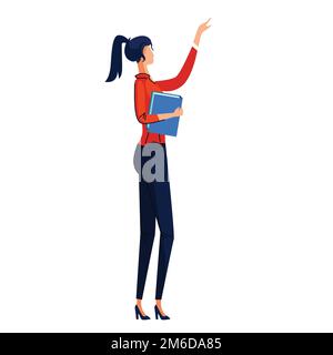 Femme tient le livre et fait des gestes à quelque chose avec l'index, employé de bureau en vêtements formels avec le livre en main, personnage à la réunion, présentation, porte-parole sans visage à moitié tourné Illustration de Vecteur