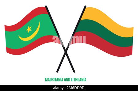 Mauritanie et Lituanie drapeaux croisés et agitant le style plat. Proportion officielle. Corriger les couleurs. Illustration de Vecteur