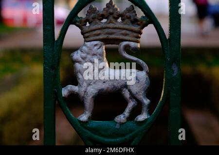 Figure typique de métal lion de clôtures publiques à Pampelune, Espagne Banque D'Images
