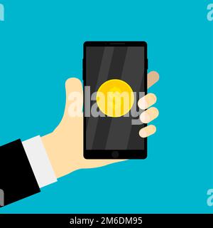 Main tenant mobile avec l'argent argent sur l'écran pièce dorée tenant dispositif avec des billets en dollars EPS 10 Banque D'Images