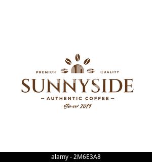 Logo vintage du café avec soleil et grains de café. Logo du café-restaurant et soleil. Illustration de Vecteur