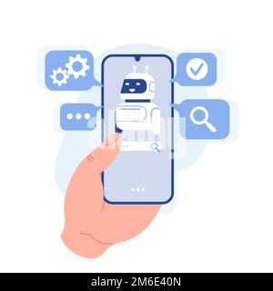 Clavardage bot sur votre smartphone. Robot de support numérique. Application mobile de service client. Intelligence artificielle. Assistant robotique. Chat virtuel Illustration de Vecteur