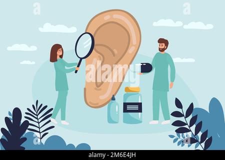 Les médecins vérifient la santé de l'oreille, de l'organe auditif. Examen médical, test et traitement de l'oreille, otolaryngologie. ENT vérifie la perte auditive. Bacille Vector Flat Illustration de Vecteur