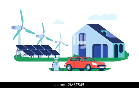 Maison moderne avec panneaux solaires et éoliennes. Voiture électrique chargée d'énergie à partir de la station de charge. Générateur électrique alternatif Illustration de Vecteur