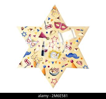 Étoile juive de David avec symboles de vacances Purim, masques d'aquarelle, scroll Esther, chapeaux de fête, boutons-pression, confetti, biscuits, raashan sur fond jaune Banque D'Images