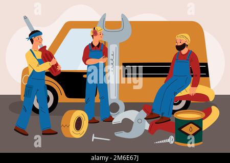 Petits réparateurs. Les gars drôles ont des outils professionnels. Travaillez en équipe dans des combinaisons. Rénovation de la maison. Service d'élimination des pannes. Groupe constructeurs. Menuiserie Illustration de Vecteur