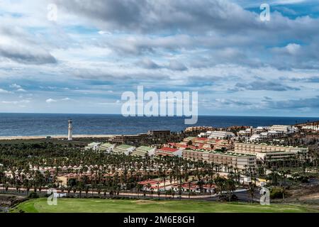 Morro Jable vue avec l'océan Atlantique sur Fuerteventura, Espagne Banque D'Images