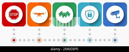 Icônes vectorielles de sécurité à domicile, collection de boutons Web de conception plate de système de vidéosurveillance, modèle d'infographie de concept d'entreprise Illustration de Vecteur