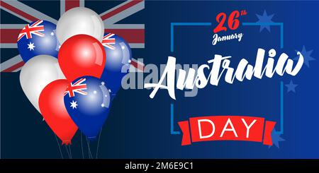 Motif affiche ou carte Happy Australia Day. Lettrage manuscrit, 3D ballons isolés australiens. Illustration de Vecteur