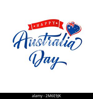 Concept de carte de vœux Happy Australia Day. Lettres manuscrites, coeur et drapeau australien. Éléments isolés. Affiche. Modèle graphique. Illustration de Vecteur