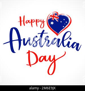 Concept de carte de vœux Happy Australia Day. Lettres manuscrites, coeur et drapeau australien. Éléments isolés. Affiche. Modèle graphique. Illustration de Vecteur