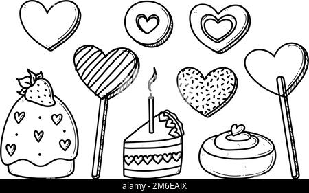 Ensemble de valentines en forme de coeur dessinées à la main avec illustration vectorielle de bonbons romantiques. Cupcake mignon, biscuits, loglop, cannelle rouleau de la collection de gribouilles pour anniversaire et mariage. Illustration de Vecteur