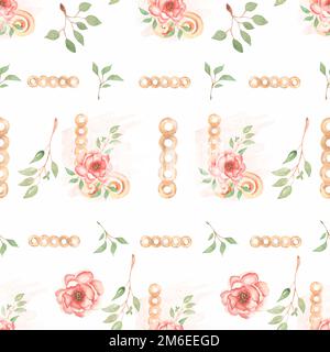 Magnifique, sans couture, motif tiléable avec bouquets de fleurs aquarelle, branche de feuilles, fleurs de pivoines. Arrière-plan vintage. Banque D'Images