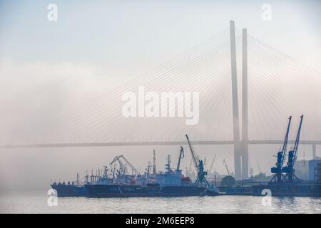 Port de Vladivostok. Divers navires marchands se tiennent sur la roadstead dans la baie de Golden Horn à Vladivostok pendant un brouillard épais Banque D'Images