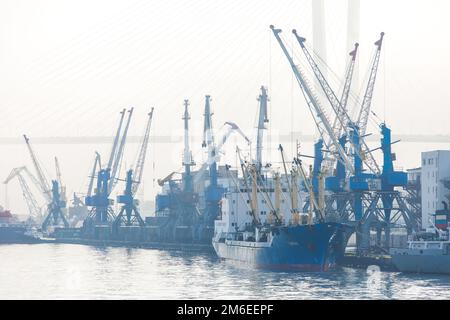 Port de Vladivostok. Divers navires marchands se tiennent sur la roadstead dans la baie de Golden Horn à Vladivostok pendant un brouillard épais Banque D'Images