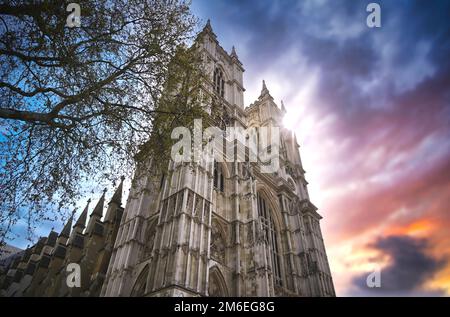 Coucher de soleil sur l'abbaye de Westminster à Londres, Royaume-Uni Banque D'Images