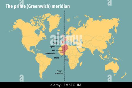 Carte moderne montrant les pays que le méridien de Greenwich passe à travers Banque D'Images