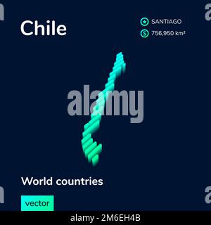 Vecteur isométrique stylisé néon isométrique 3D carte du Chili en couleurs turquoise menthe sur fond bleu foncé. Affiche de l'étude de géographie, élément graphique. Illustration de Vecteur
